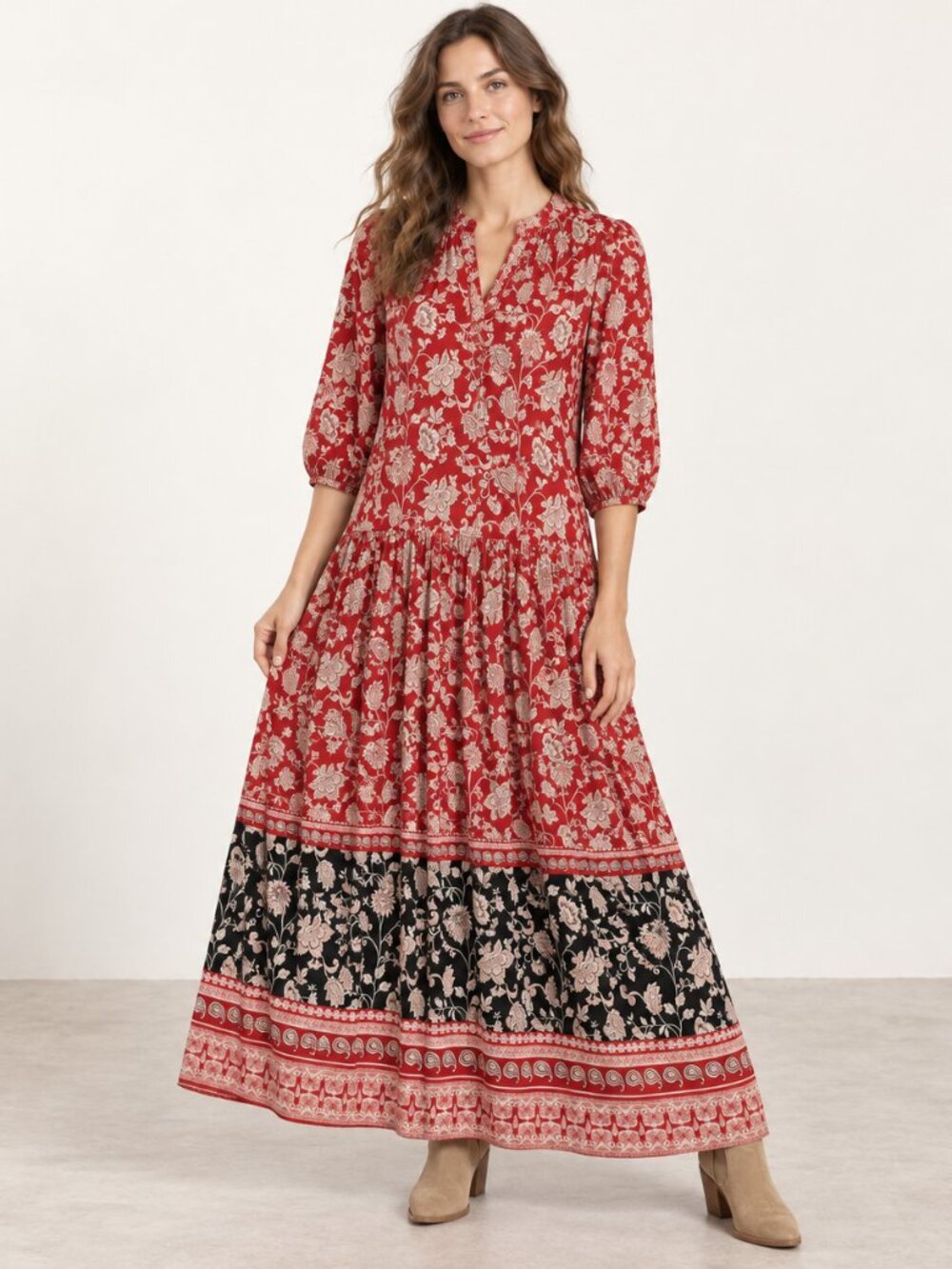 Maeve Anthropologie XS Red Floral Paisley Tiered Maxi Dress Boho Cottagecore
